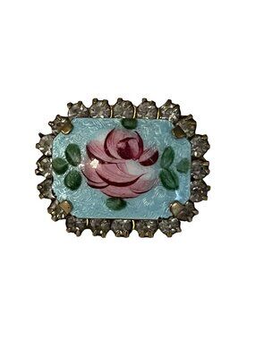 Vintage Enamel Rose Brooch Rhinestone Border Blue Floral Pin Cottagecore Romanti